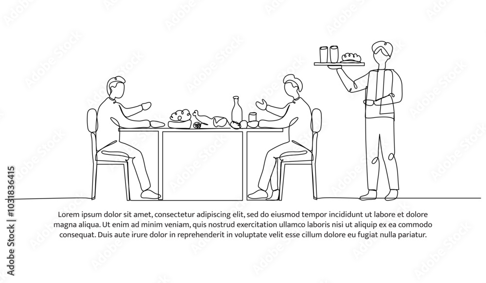 Continuous line design of eating together. Single line decorative element drawn on white. Continuous line design of eating together. Single line decorative element drawn on white.