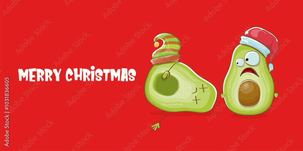 Naklejka premium Merry chirstmas vector funky greeting horizontal banner or card with santa claus avocado character and his elf friend on red background. Vector funny christmas party poster design template