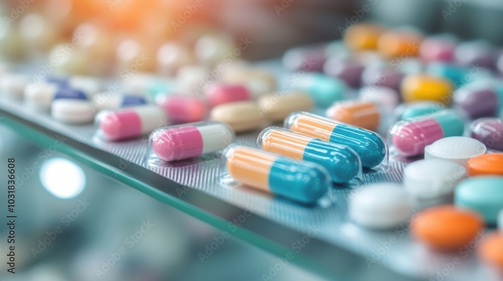 Various medication pills are arranged neatly on a pharmacy counter, highlighting their colorful assortment and packaging Various medication pills are arranged neatly on a pharmacy counter, highlighting their colorful assortment and packaging