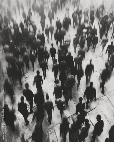 arial photo of people walking very fast in a blur inside a maze in black and white