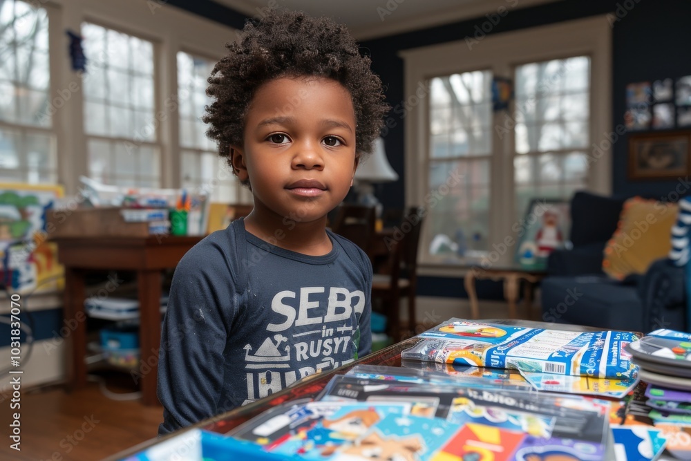 Fototapeta premium Young boy at home exploring his creativity with colorful toys and games in a bright room during the afternoon