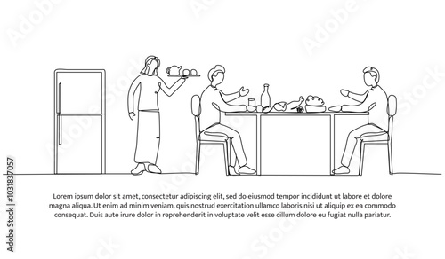 Continuous line design of eating with family. Single line decorative element drawn on white.