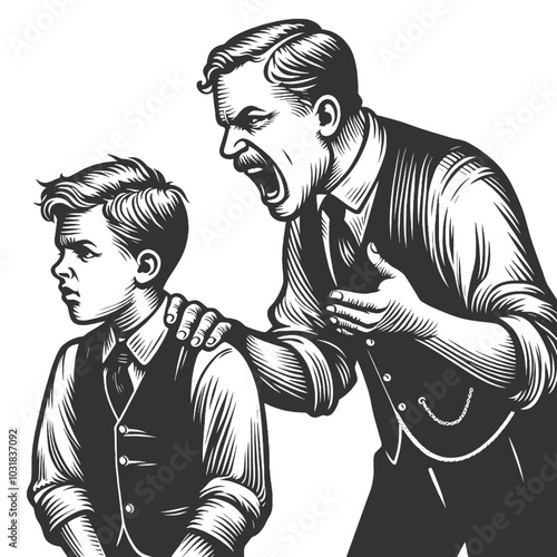 angry father man shouting at his son young boy, intense emotional confrontation, dramatic expression sketch engraving generative ai vector illustration. Scratch board imitation. Black and white image.