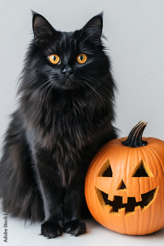 Black Cat with witch hat and pumpkin lanterns, autumn Halloween background
Black Cat with witch hat and pumpkin lanterns, autumn Halloween background