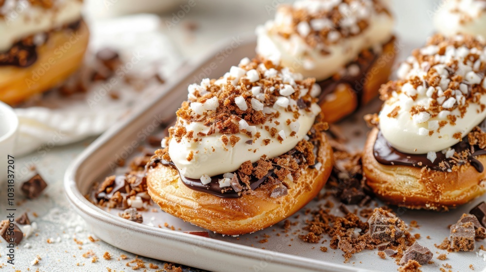 Savor the delightful combination of chocolate eclairs filled with cream and topped with crumbled chocolate, ideal for any dessert buffet Savor the delightful combination of chocolate eclairs filled with cream and topped with crumbled chocolate, ideal for any dessert buffet