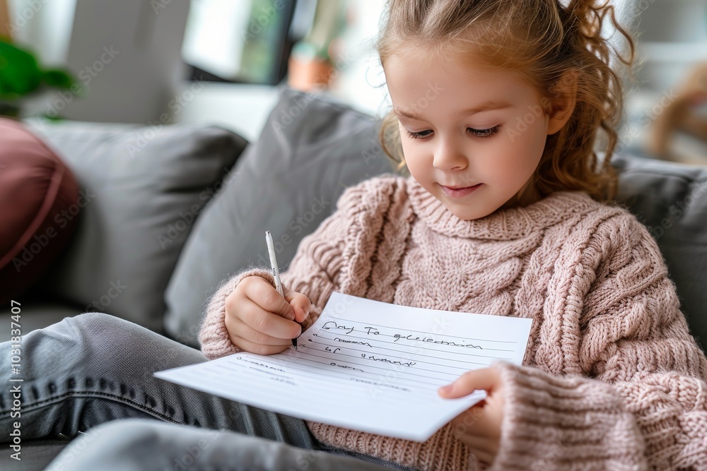 Young girl in cozy sweater writing a letter at home in bright living room during the afternoon Young girl in cozy sweater writing a letter at home in bright living room during the afternoon