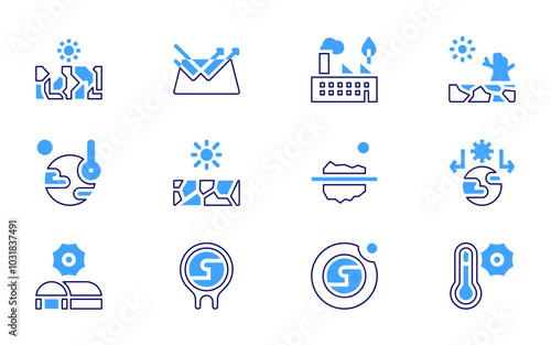 Global warming icon set. Bold line style. Duotone colors. Editable stroke. greenhouse gas, ice, ozone layer, greenhouse effect, thermometer, drought