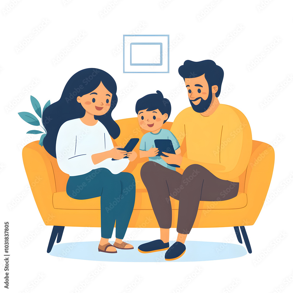 Happy family time illustration of parents and child bonding on sofa with digital devices, perfect for family lifestyle, modern parenting, and technology usage concepts Happy family time illustration of parents and child bonding on sofa with digital devices, perfect for family lifestyle, modern parenting, and technology usage concepts