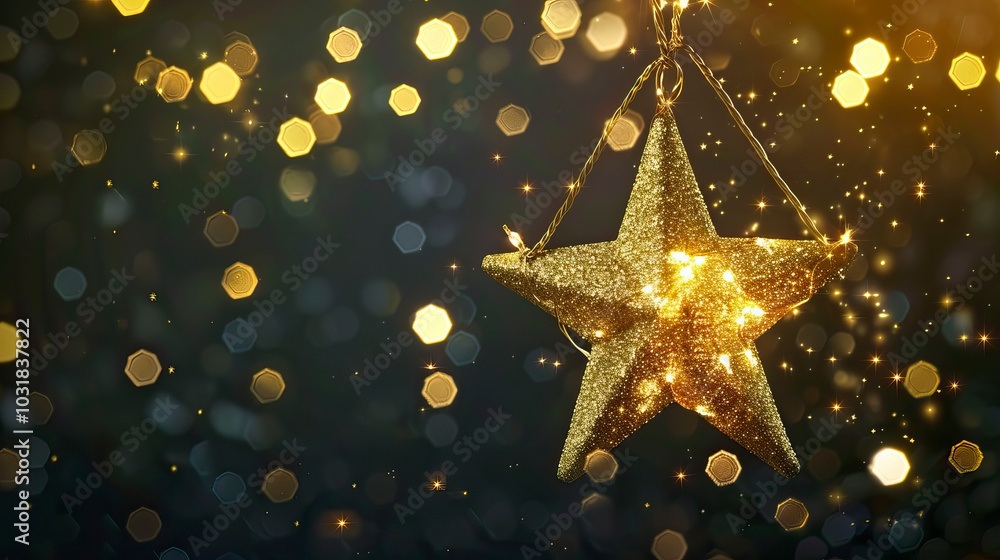 Gold star light hanging on dark background, Christmas Background, Christmas Decoration, New Year's eve Gold star light hanging on dark background, Christmas Background, Christmas Decoration, New Year's eve