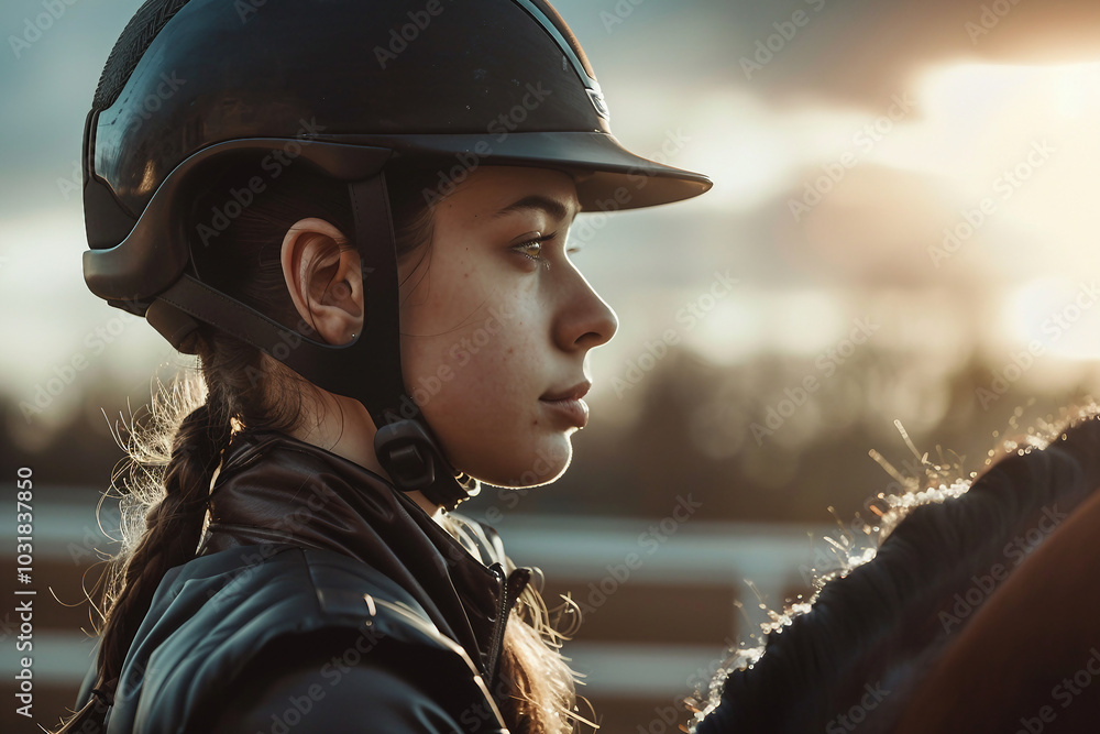 Generative AI illustration, equestrian sports lesson training, young person man woman kid learning to ride a horse Generative AI illustration, equestrian sports lesson training, young person man woman kid learning to ride a horse