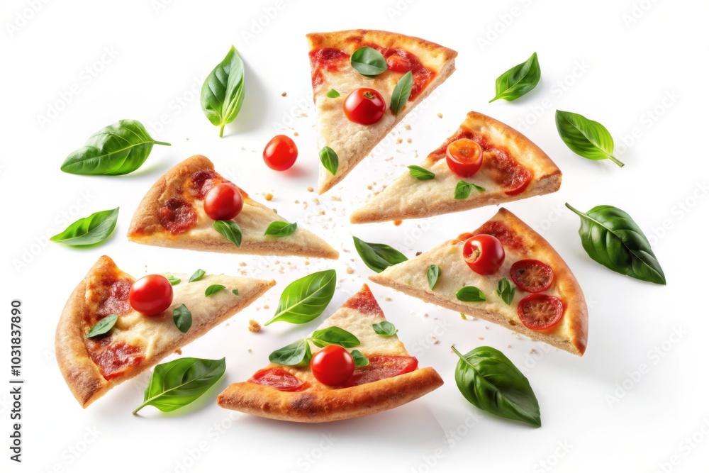 flying slices of margherita pizza and ingredients on white background flying slices of margherita pizza and ingredients on white background