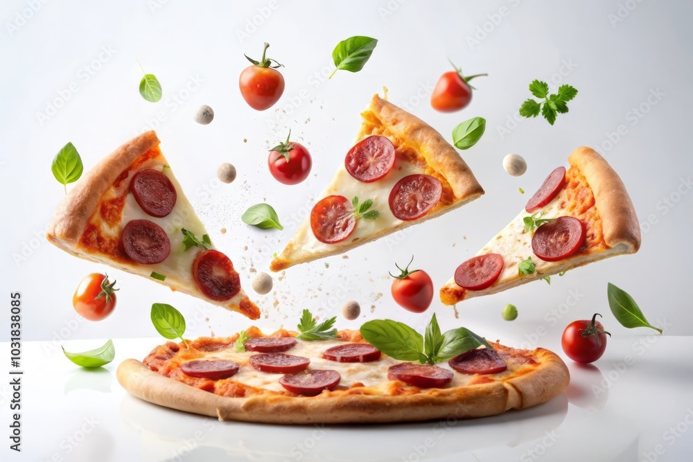 flying slices of pepperoni pizza and ingredients on white background flying slices of pepperoni pizza and ingredients on white background