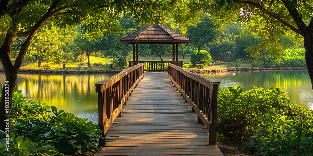 Scenic Wooden Bridge Over a Lake in a Serene Park Scenic Wooden Bridge Over a Lake in a Serene Park