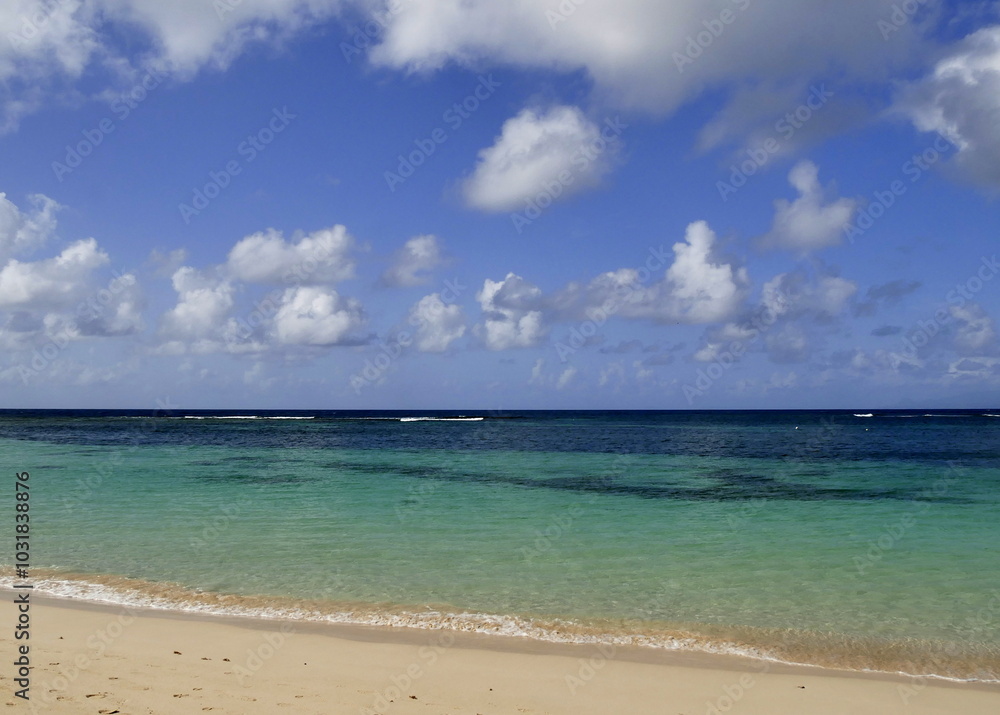 Paradise tropical beach with turquoise lagoon, horizon over the sea, sunny weather and sand. Idyllic antillan beach with copy space in Sainte Anne, Guadeloupe Paradise tropical beach with turquoise lagoon, horizon over the sea, sunny weather and sand. Idyllic antillan beach with copy space in Sainte Anne, Guadeloupe