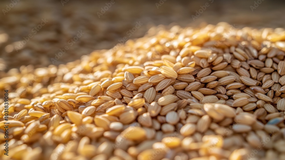 Obraz premium A close-up of rice grains growing in the Korean countryside, with detailed textures.