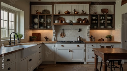 A rustic kitchen with white cabinets, wood countertops, and a farmhouse sink.