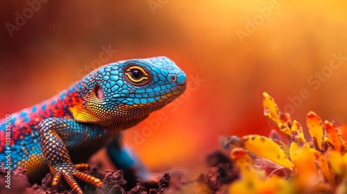 A vibrant lizard with blue, red, and yellow scales basks in the warm sunlight, its keen eyes alert and curious. This close-up image captures the beauty and detail of this fascinating reptile in its na photo