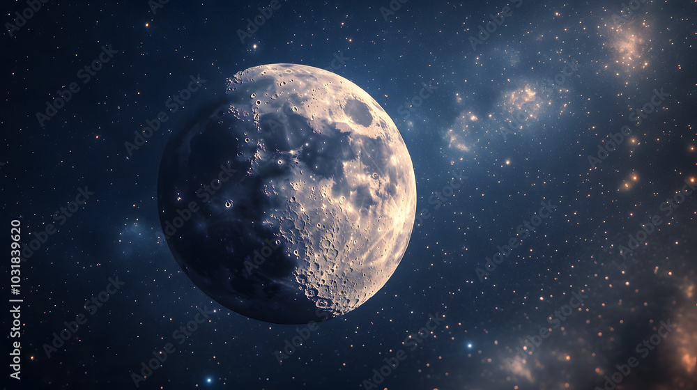 Fototapeta premium Close-up of the moon illuminated in space, surrounded by stars and galaxies, cosmic landscape, breathtaking view of the night sky, astronomy, universe exploration