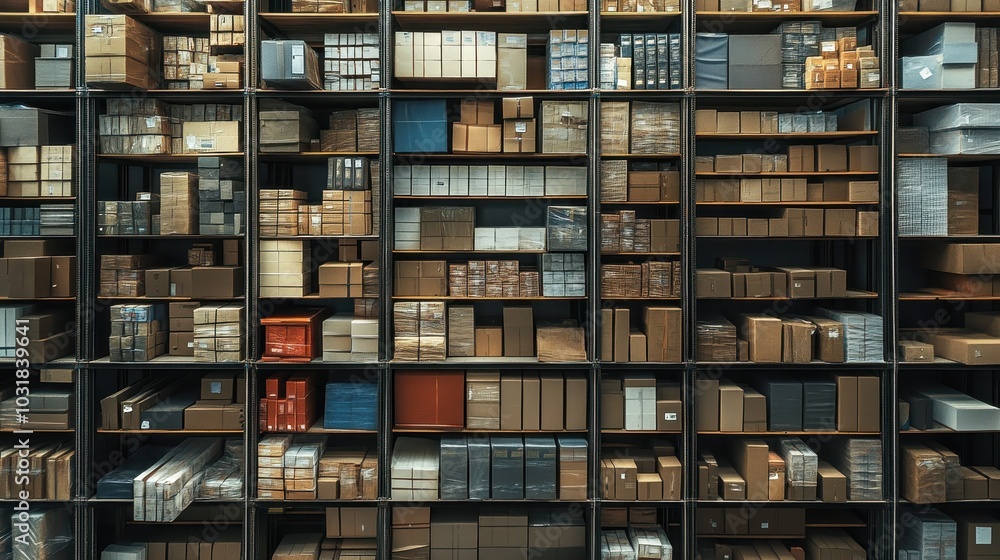 Fototapeta premium Efficient Worker Organizing Packages on Storage Shelves