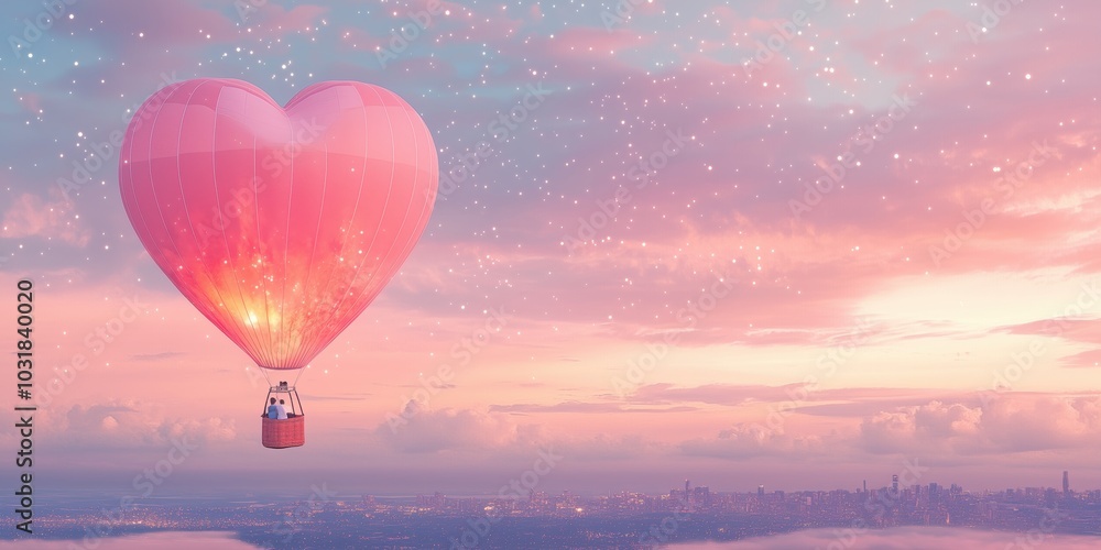 Fototapeta premium A giant heart-shaped balloon floating above the city skyline, with twinkling lights below and a couple inside enjoying a romantic ride under the stars.