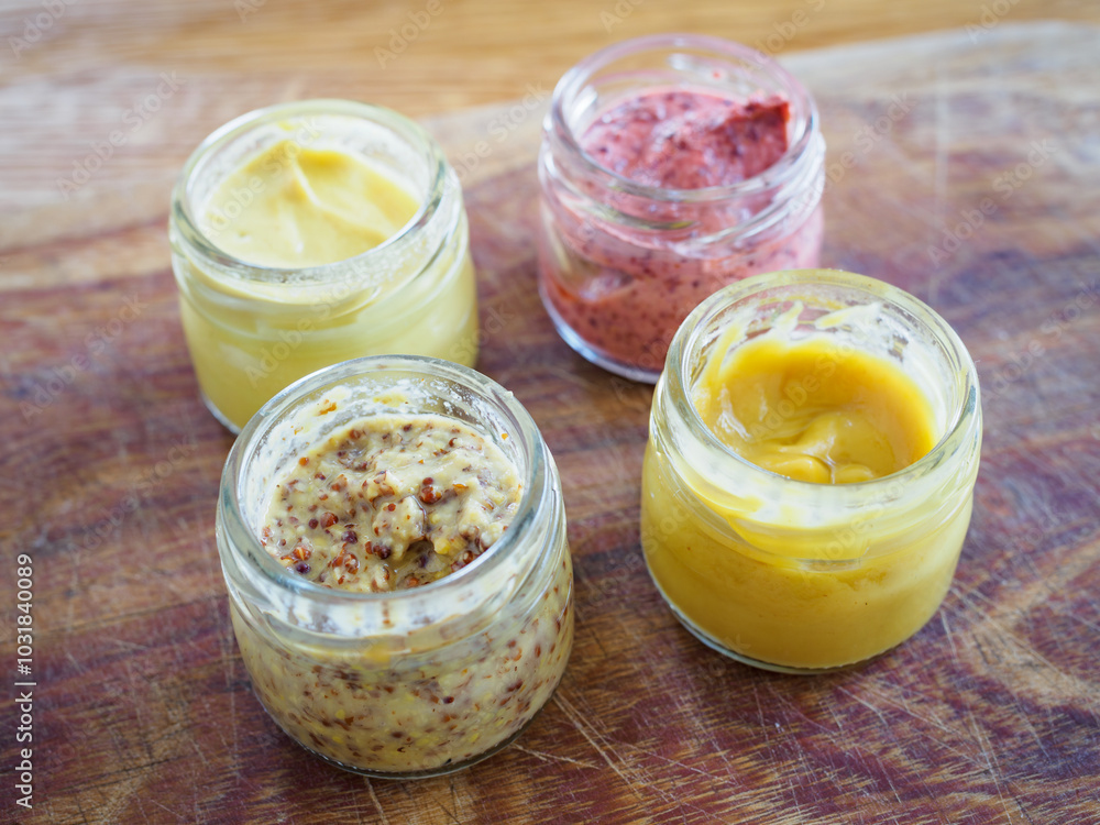 Closeup view of mustard jars on wooden background Closeup view of mustard jars on wooden background