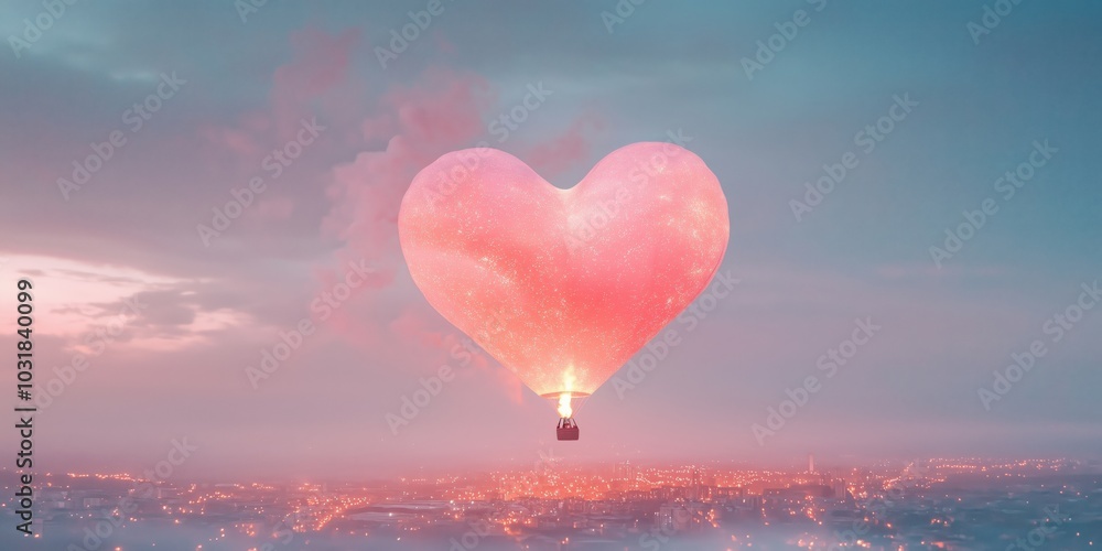 Fototapeta premium A giant heart-shaped balloon floating above the city skyline, with twinkling lights below and a couple inside enjoying a romantic ride under the stars.