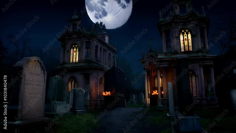 Spooky halloween candles illuminating the entrance of a mysterious gothic mausoleum on a full moon night. Scary background for a halloween project Spooky halloween candles illuminating the entrance of a mysterious gothic mausoleum on a full moon night. Scary background for a halloween project