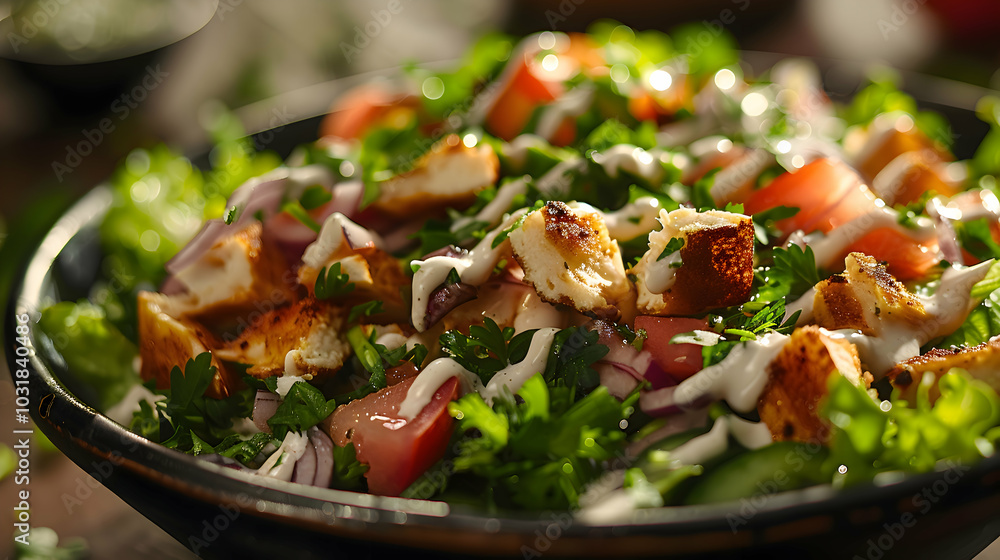 A close-up of Cobb salad with a drizzle of ranch dressing and fresh herbs A close-up of Cobb salad with a drizzle of ranch dressing and fresh herbs
