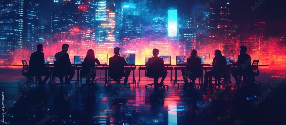 Obraz premium Silhouettes of people working at computers against a backdrop of a vibrant city skyline at night.