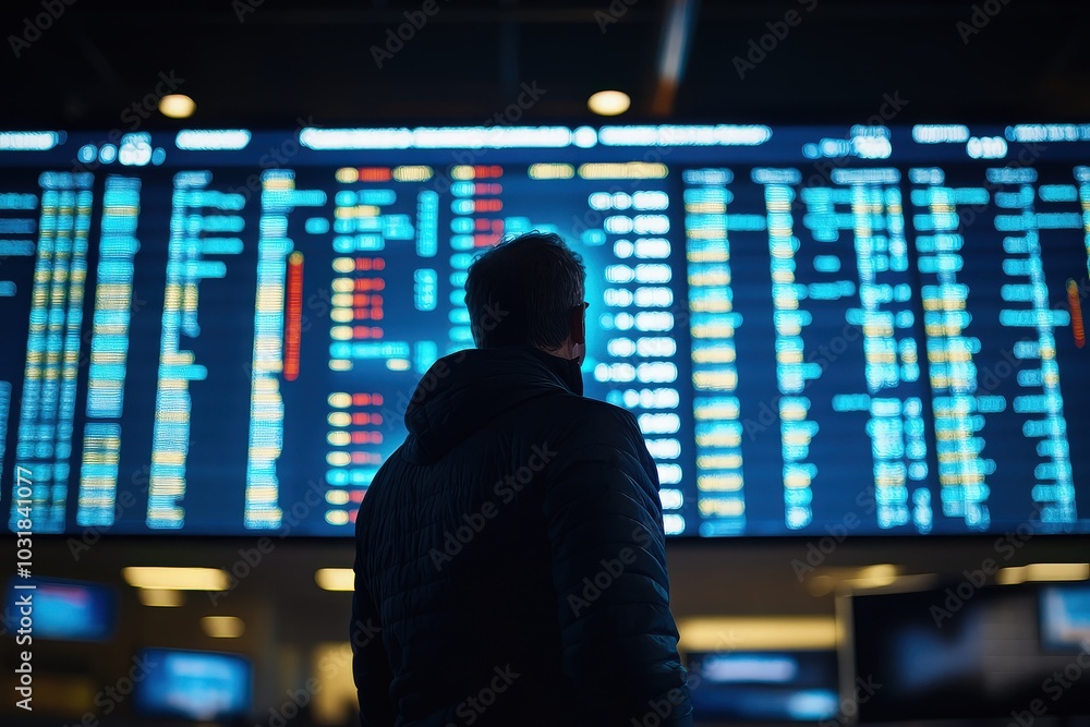 Person observing large data display screen Person observing large data display screen
