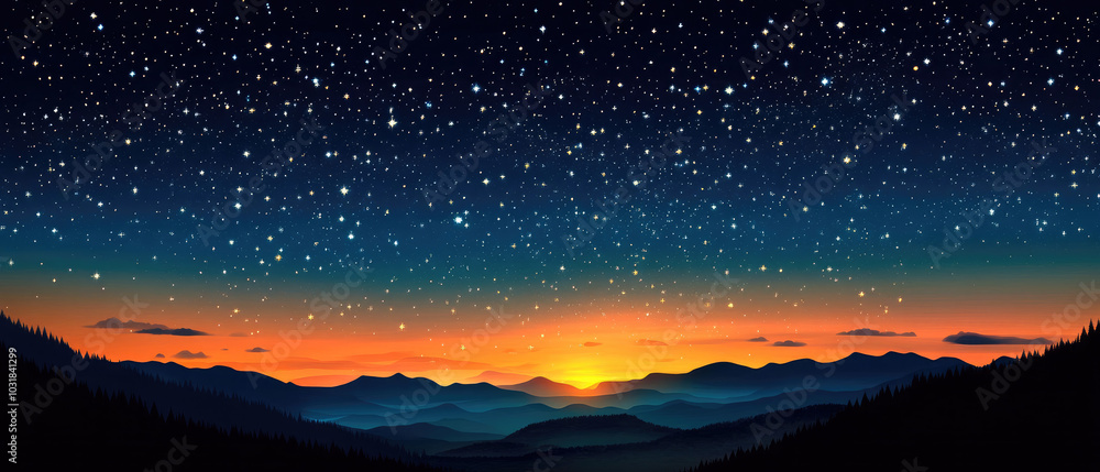 night sky with mountains, forest , and many big stars through blue to bright sunset simple vector design night sky with mountains, forest , and many big stars through blue to bright sunset simple vector design