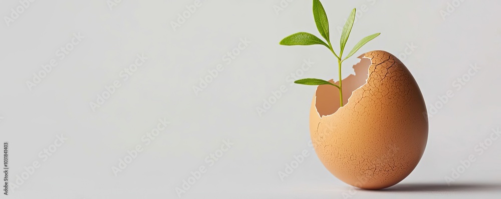 A cracked eggshell with a sprouting plant emerging, symbolizing the fragile but rewarding nature of growth that comes from breaking free of comfort zones A cracked eggshell with a sprouting plant emerging, symbolizing the fragile but rewarding nature of growth that comes from breaking free of comfort zones