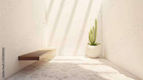 Minimalist outdoor lounge with a slim teak bench, natural stone flooring, and a potted cactus for a modern desert feel