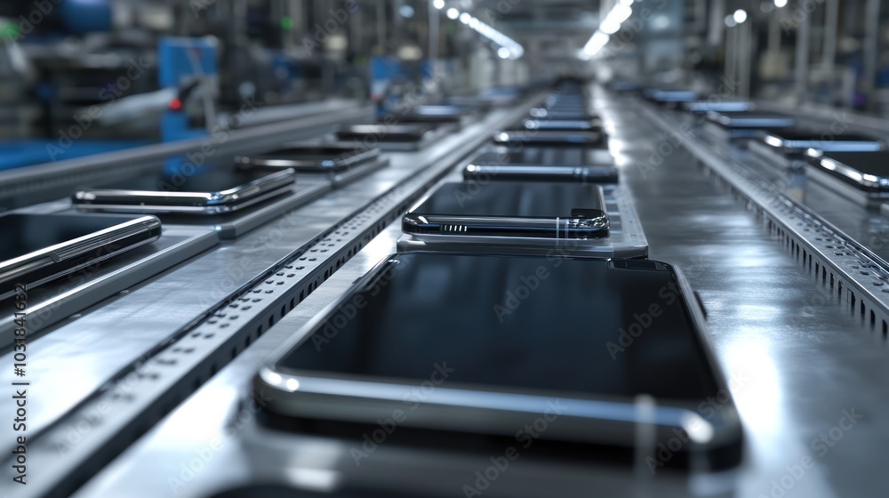 Smartphones Moving on a Conveyor Belt in Factory Smartphones Moving on a Conveyor Belt in Factory