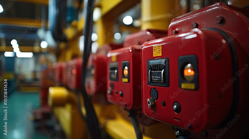 ground fault interrupter systems attached to heavy machinery in a factory. ground fault interrupter systems attached to heavy machinery in a factory.