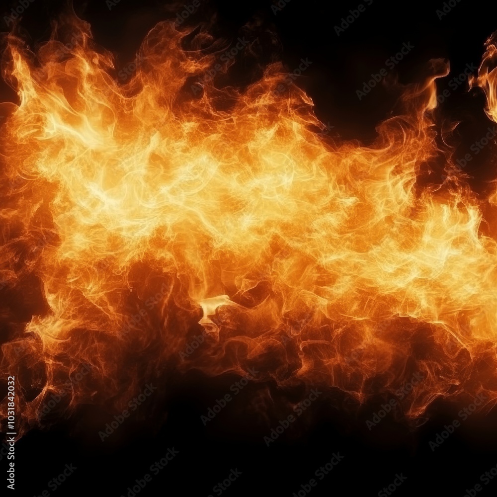 Burning Fire Flames On Black Background, Abstract Blaze Texture For Banner, Poster Design. Burning Fire Flames On Black Background, Abstract Blaze Texture For Banner, Poster Design.