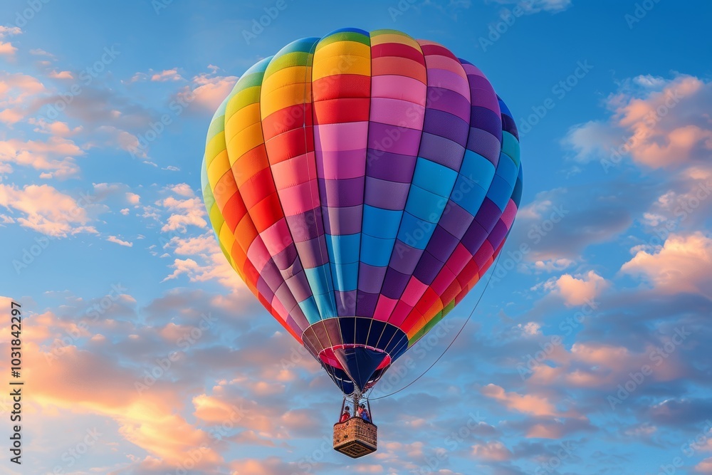 Naklejka premium Colorful hot air balloon floating against a vibrant sky during sunset in a stunning landscape