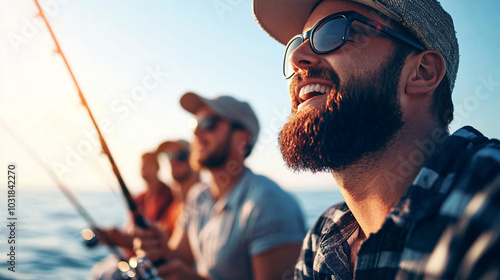 happy friends fishing by the sea