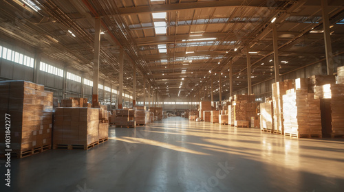 Efficient modern warehouse interior with stacked pallets, showcasing spacious layout and natural light streaming through skylights, creating productive atmosphere