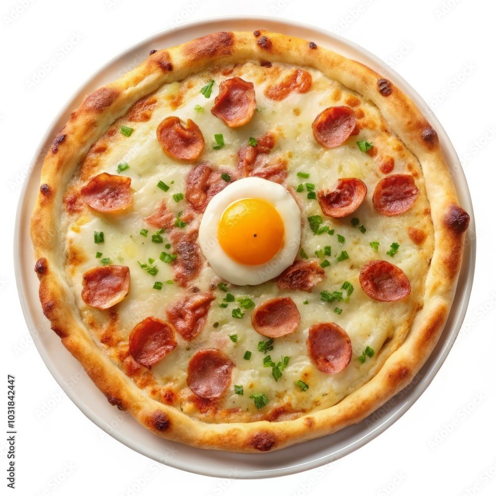 carbonara pizza with bacon, tomato, eggs and cheese isolated, top view carbonara pizza with bacon, tomato, eggs and cheese isolated, top view