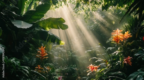 Sunlight beams through dense tropical foliage, illuminating a lush jungle scene with vibrant flowers.