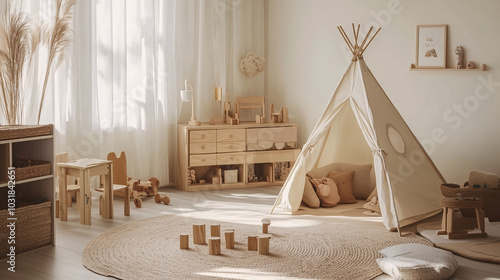 Minimalist playroom with a white tent, simple wooden toys on display, and natural light filling the space