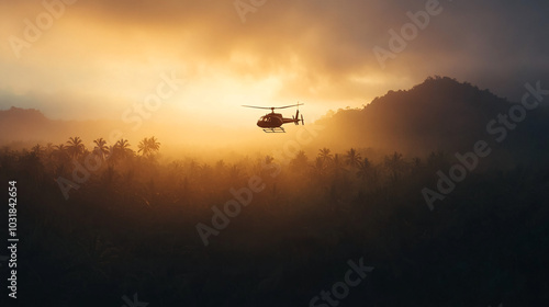 helicopter flying over tropical rainforest during sunset