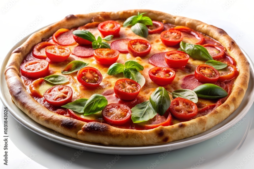 Spicy Diablo pizza with pepperoni, mozzarella, chorizo and chili peppers on a white background, isolated Spicy Diablo pizza with pepperoni, mozzarella, chorizo and chili peppers on a white background, isolated