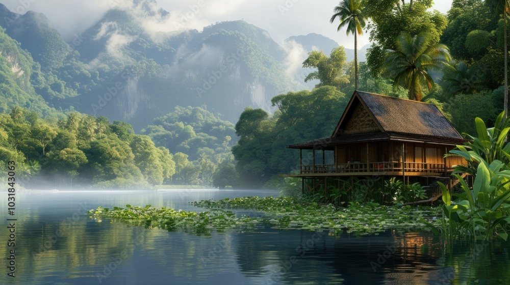 A charming house sits on a serene island in a picturesque lake A charming house sits on a serene island in a picturesque lake