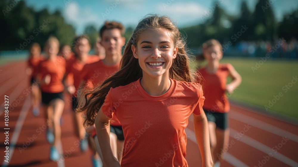Happy young girl leading a group of athletes on a sunny track field, radiating joy and enthusiasm during a lively outdoor practice. Happy young girl leading a group of athletes on a sunny track field, radiating joy and enthusiasm during a lively outdoor practice.