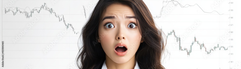 Asian woman with wide eyes, distressed expression, stock market chart behind her fading, pure white background, panic sell emotion Asian woman with wide eyes, distressed expression, stock market chart behind her fading, pure white background, panic sell emotion