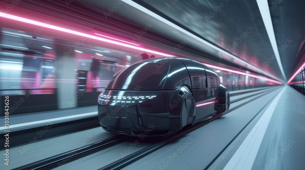 Electric vehicle driving through tunnel with glowing motion blur lights Electric vehicle driving through tunnel with glowing motion blur lights