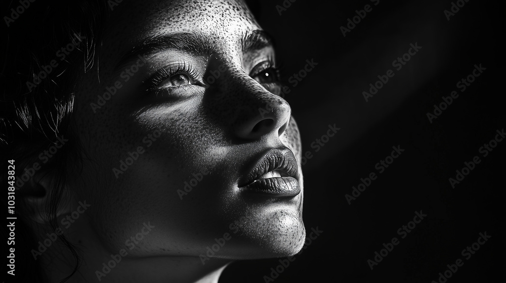 Artistic Monochrome Portrait of a Freckled Woman in High-Contrast Lighting with Expressive Shadows Artistic Monochrome Portrait of a Freckled Woman in High-Contrast Lighting with Expressive Shadows