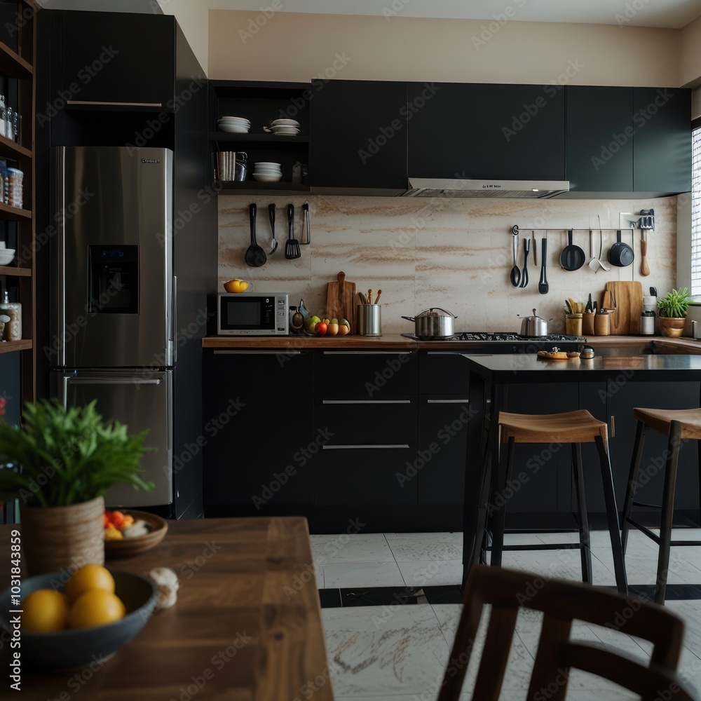 A modern kitchen with black cabinets, stainless steel appliances, and a wood countertop. There are three bar stools at the kitchen island and a wooden table with a bowl of lemons in the foreground. A modern kitchen with black cabinets, stainless steel appliances, and a wood countertop. There are three bar stools at the kitchen island and a wooden table with a bowl of lemons in the foreground.